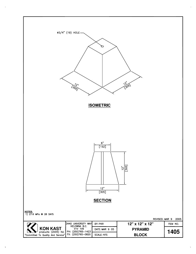 Technical drawing: 12" x 12" x 12" Pyramid Block