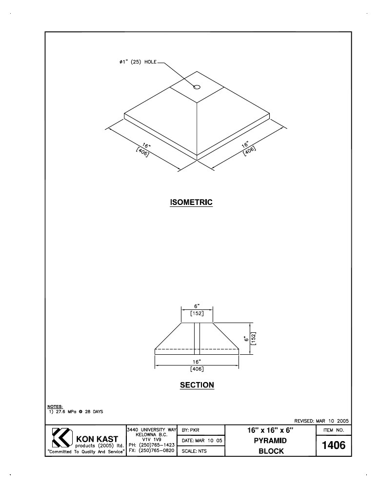 Technical drawing: 16" x 16" x 6" Pyramid Block