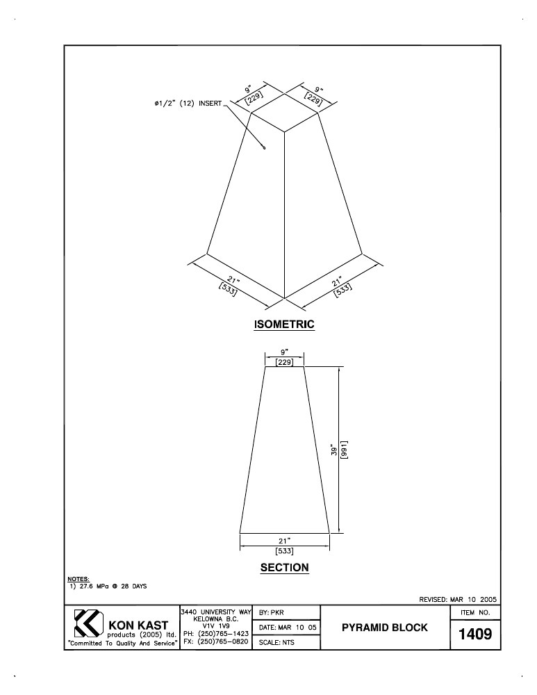 Technical drawing: Pyramid Block for Post