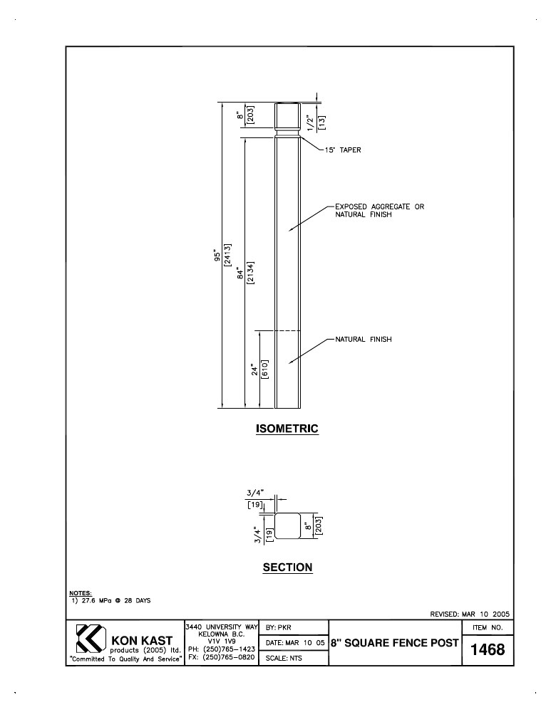 Technical drawing: 8" Square Fence Post
