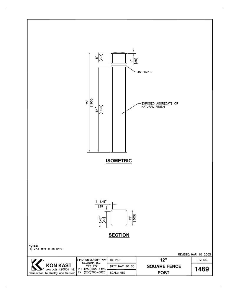 Technical drawing: 12" Square Fence Post