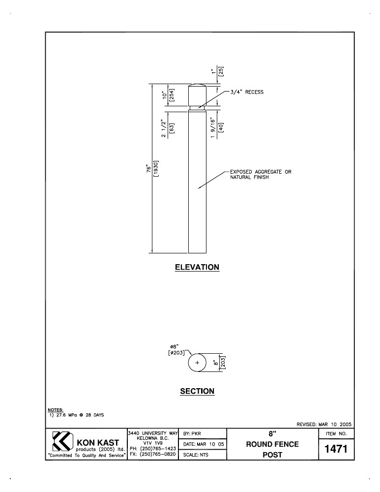 Technical drawing: 8" Round Fence Post
