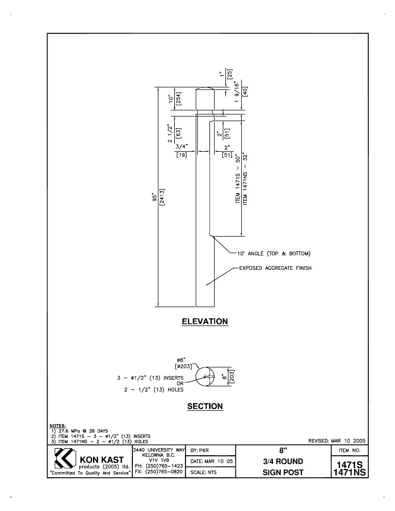 Technical drawing: 8" ¾ Round Sign Post