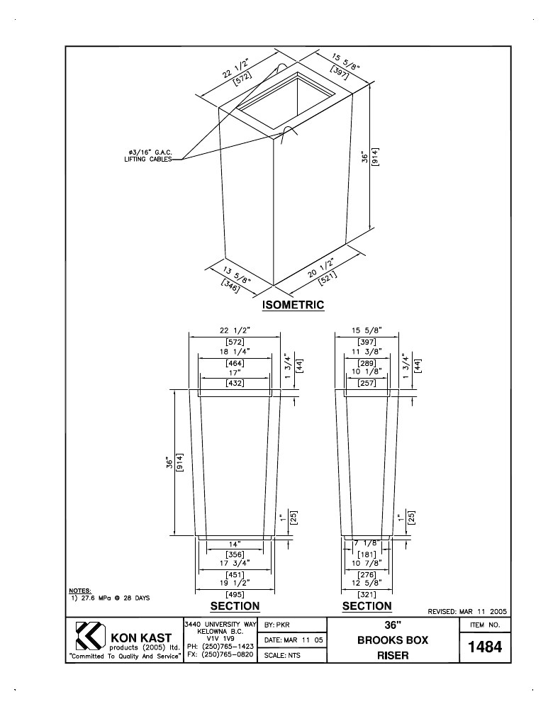 Technical drawing: 36" Brooks Box Riser