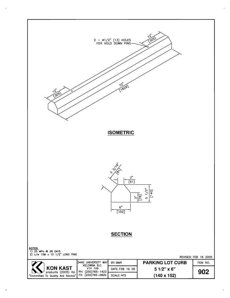 Technical drawing: 140x152 (5 ½" x 6") Parking Lot Curb