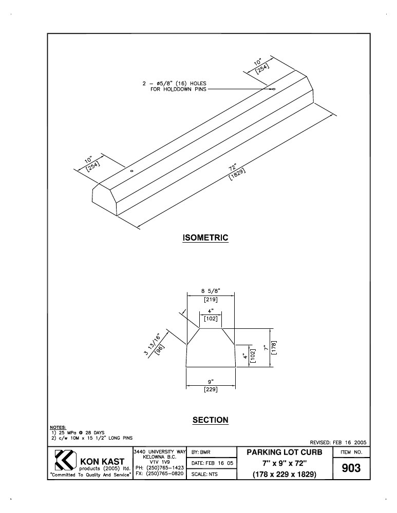 Technical drawing: 178x 229x1829 (7"x9"x72") Parking Lot Curb