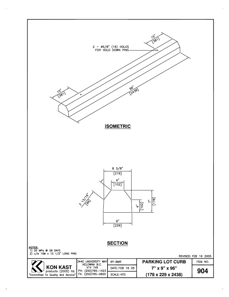 Technical drawing: 178x229x2438 (7"x9"x96") Parking Lot Curb