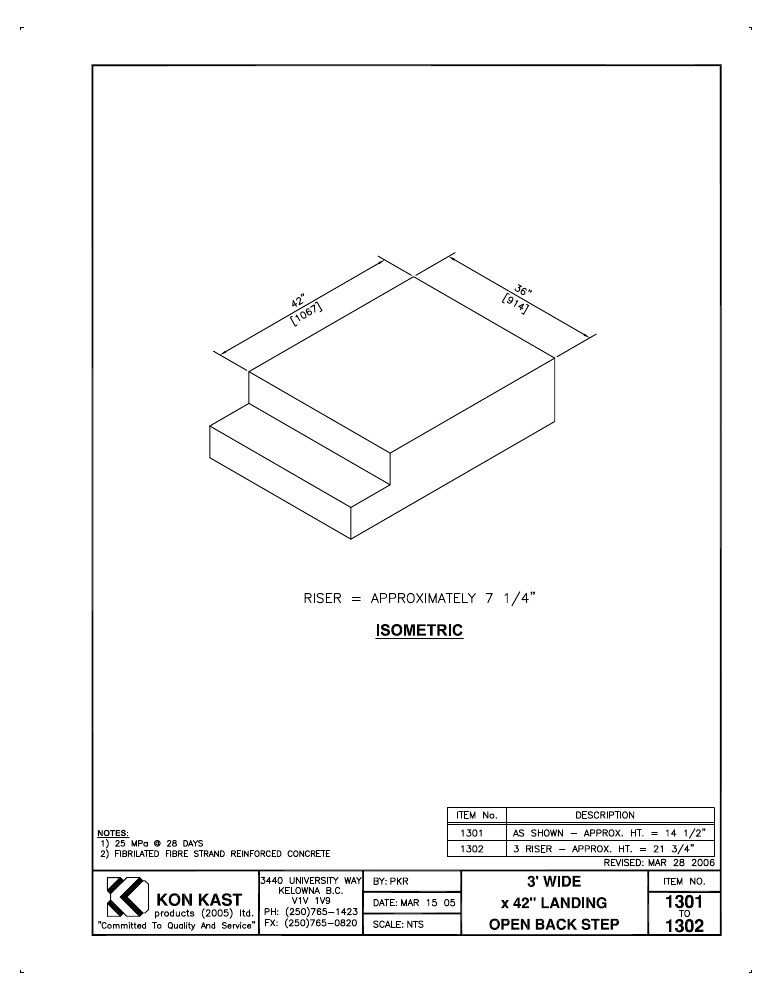Technical drawing: 3' Wide x 42 Landing Closed Back Step