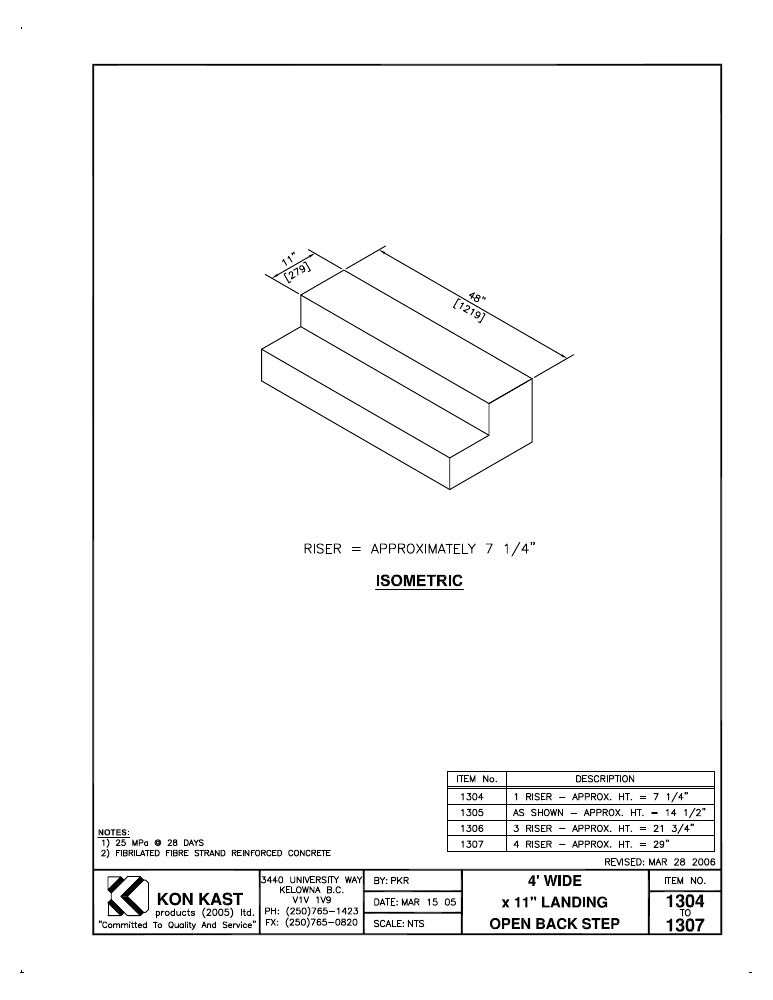 Technical drawing: 4' Wide x 11" Landing Open Back Step
