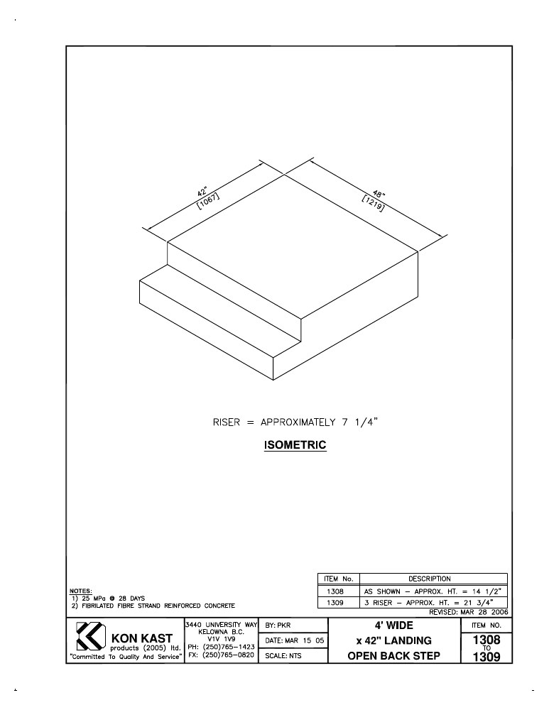 Technical drawing: 4' Wide x 42" Landing Open Back Step