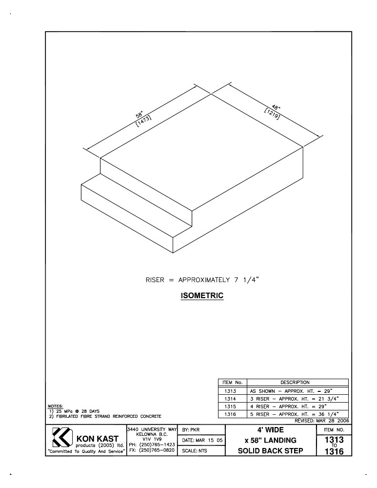 Technical drawing: 4' Wide x 58" Landing Open Back Step