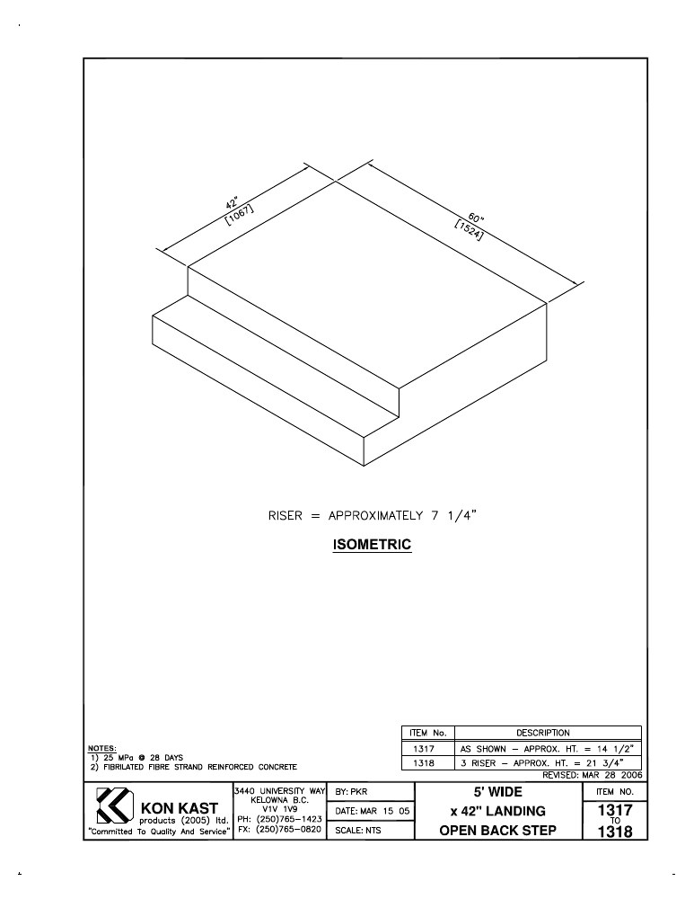 Technical drawing: 5' Wide x 42" Landing Open Back Step