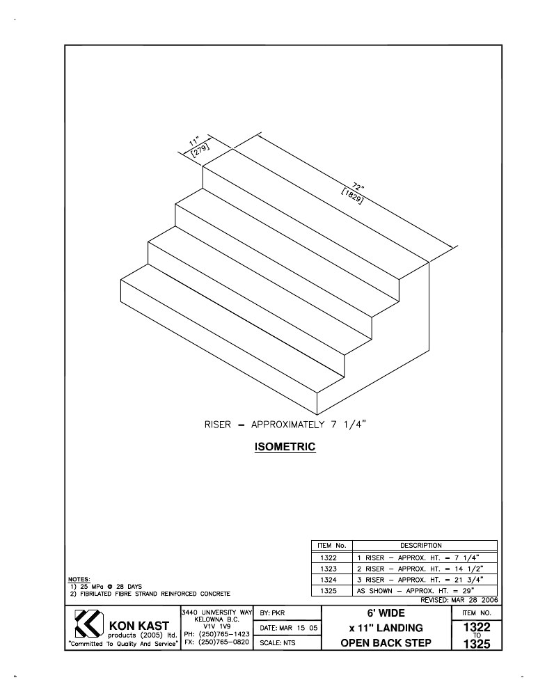 Technical drawing: 6' Wide x 11" Landing Open Back Step