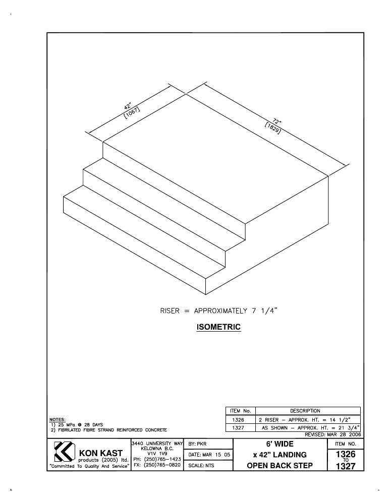 Technical drawing: 6' Wide x 42" Landing Open Back Step