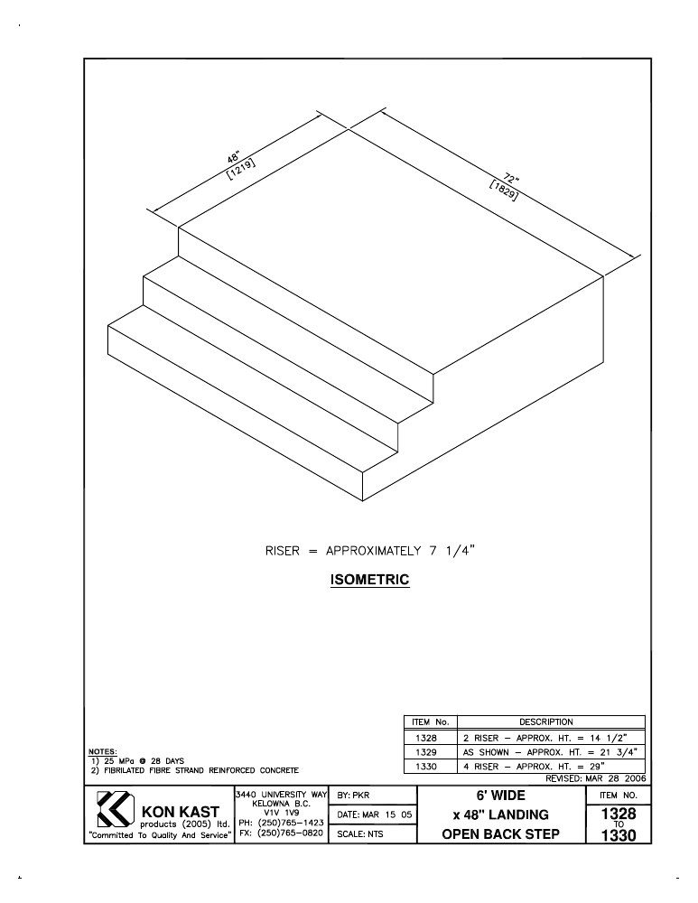 Technical drawing: 6' Wide x 48" Landing Open Back Step
