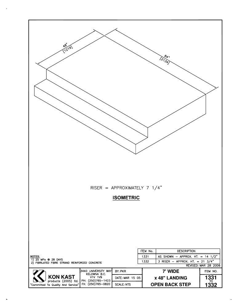Technical drawing: 7' Wide x 48" Landing Open Back Step