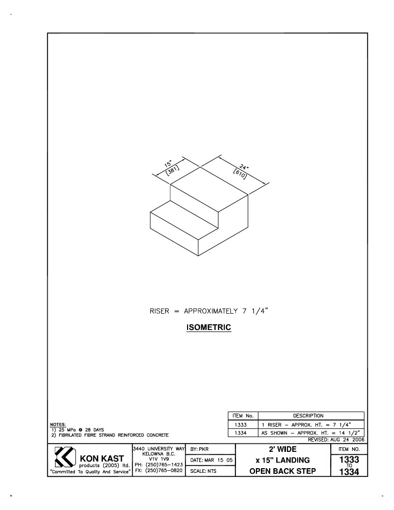 Technical drawing: 2' Wide x 15" Landing Open Back Step