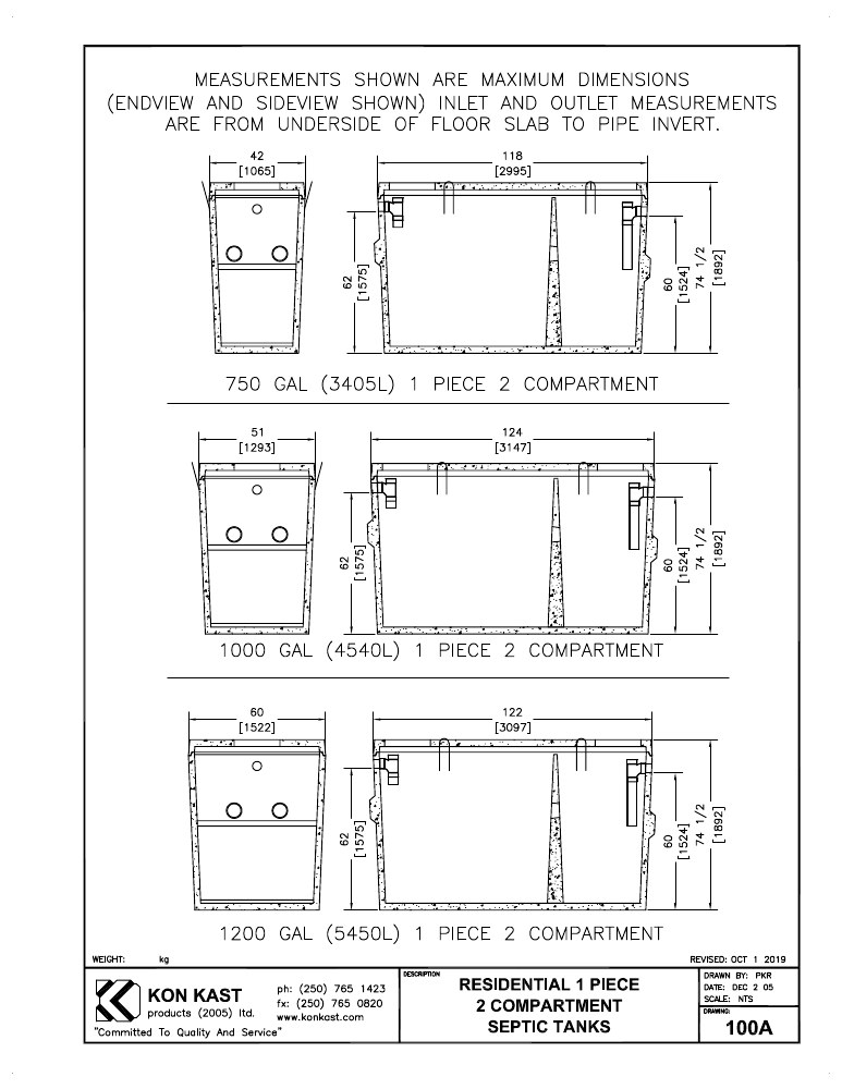 Technical drawing: 3405 to 5450 litre (1200 Gal.) Two Compartment, Residential One Piece