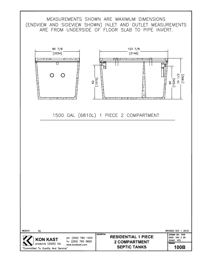 Technical drawing: 6810 litre (1500 Gal.) Two Compartment, Residential One Piece