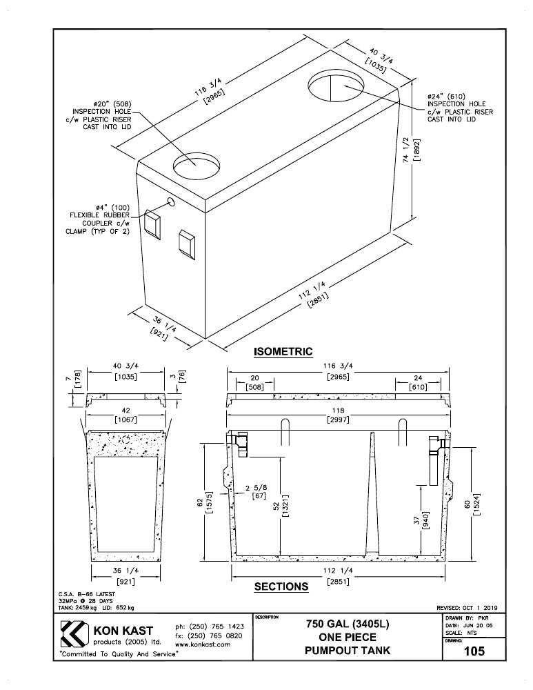 Technical drawing: 3405 litre (750 Gal.) Single Compartment, One Piece Pump Out Tank