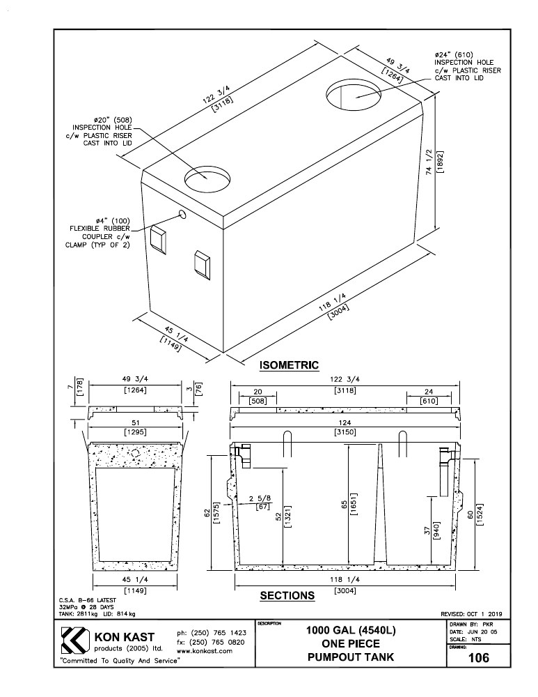 Technical drawing: 4540 litre (1000 Gal.) Single Compartment, One Piece Pump Out Tank