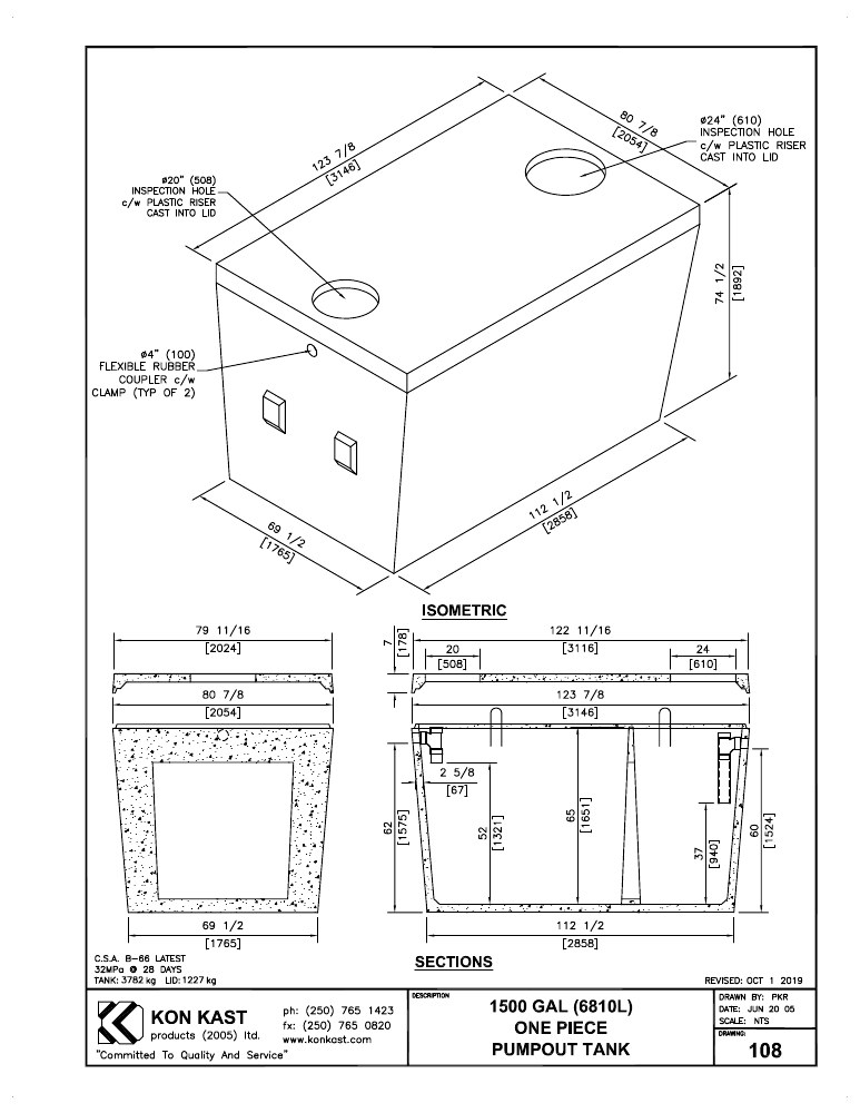 Technical drawing: 6800 litre (1500 Gal.) Single Compartment, One Piece Pump Out Tank