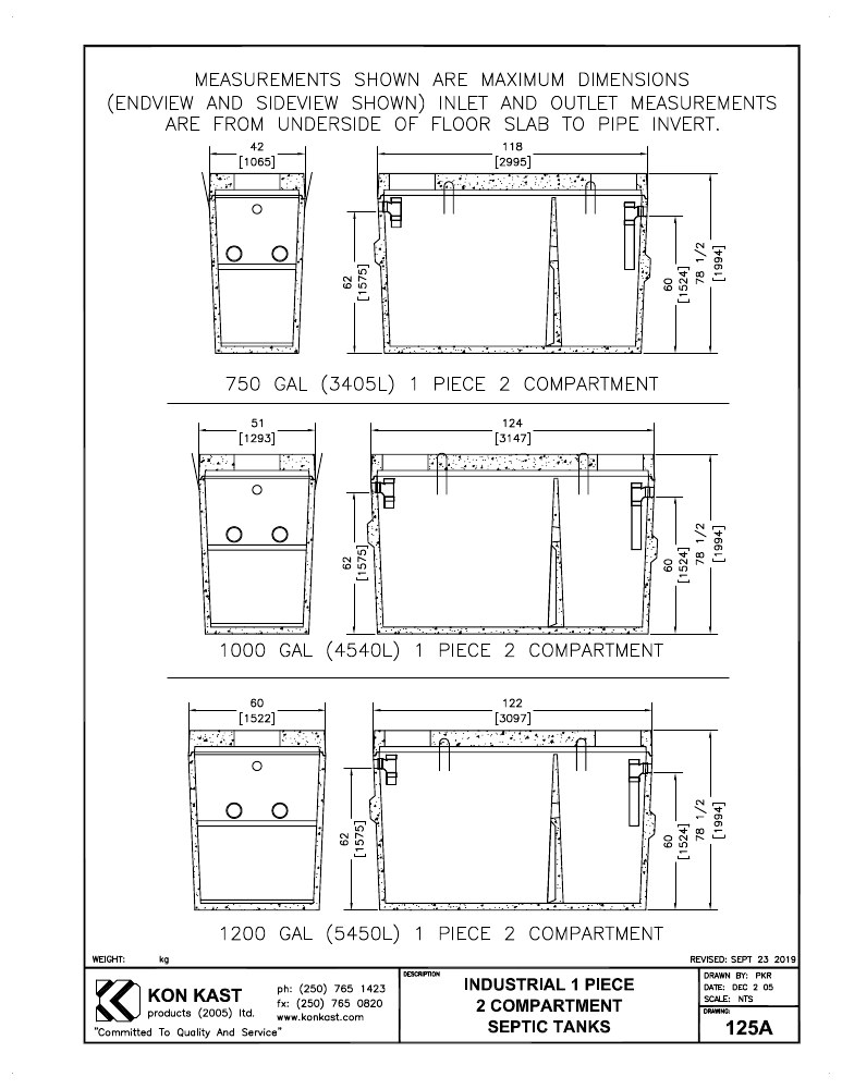Technical drawing: 3405 to 5450 litre (1200 Gal.) Two Compartment, Industrial One Piece Septic Tank