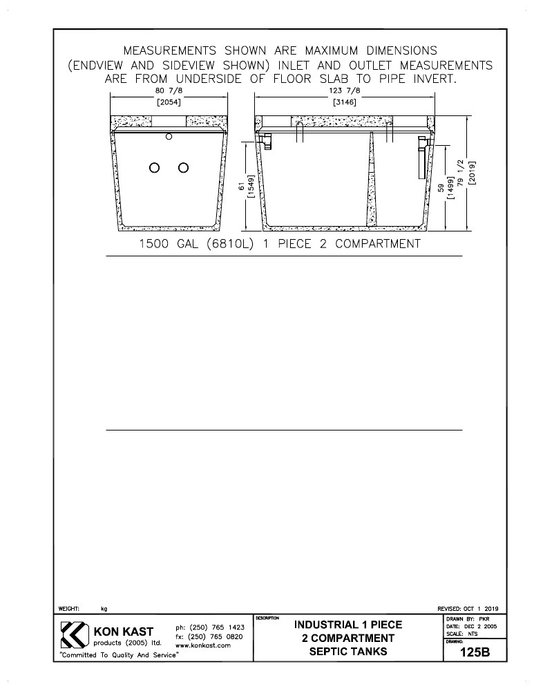 Technical drawing: 6800 litre (1500 Gal.) Two Compartment, Industrial One Piece Septic Tank
