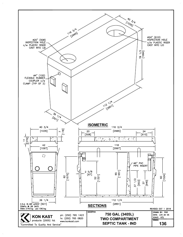 Technical drawing: 3405 litre (750 Gal.) Two Compartment, One Piece Septic Tank