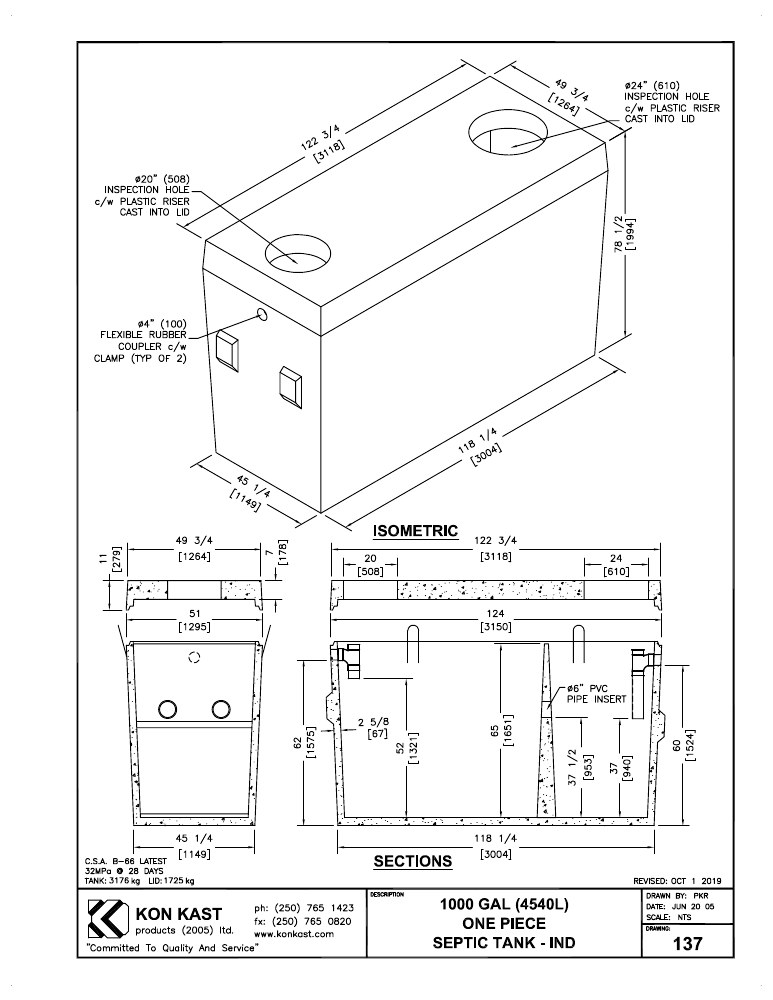Technical drawing: 4540 litre (1000 Gal.) Two Compartment, One Piece Septic Tank
