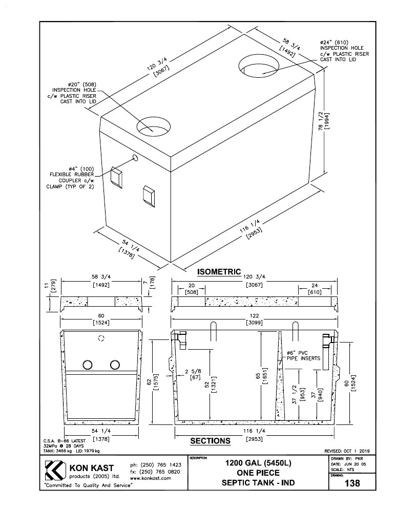 Technical drawing: 5450 litre (1200 Gal.) Two Compartment, One Piece Septic Tank