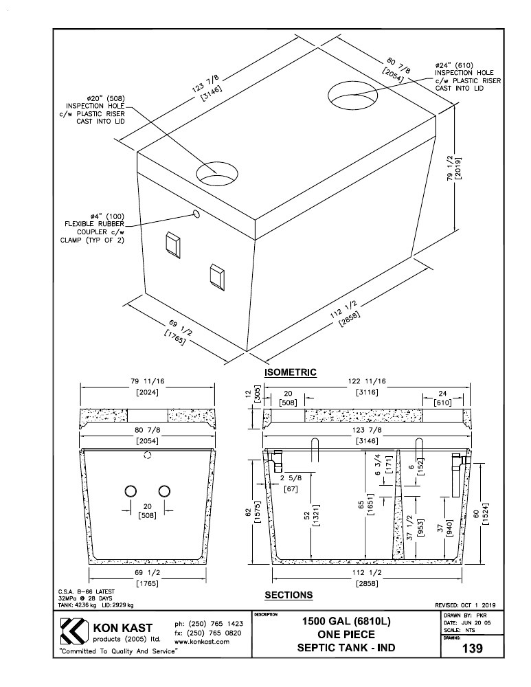 Technical drawing: 6810 litre (1500 Gal.) Two Compartment, One Piece Septic Tank