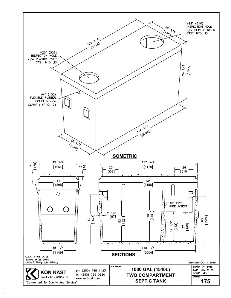 Technical drawing: 4540 litre (1000 Gal.) Two Compartment, One Piece Septic Tank
