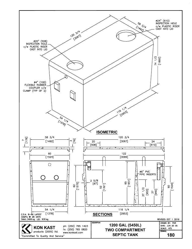 Technical drawing: 5450 litre (1200 Gal.) Two Compartment, One Piece Septic Tank