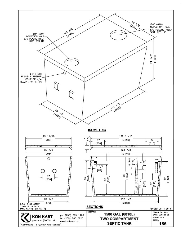 Technical drawing: 6810 litre (1500 Gal.) Two Compartment, One Piece Septic Tank