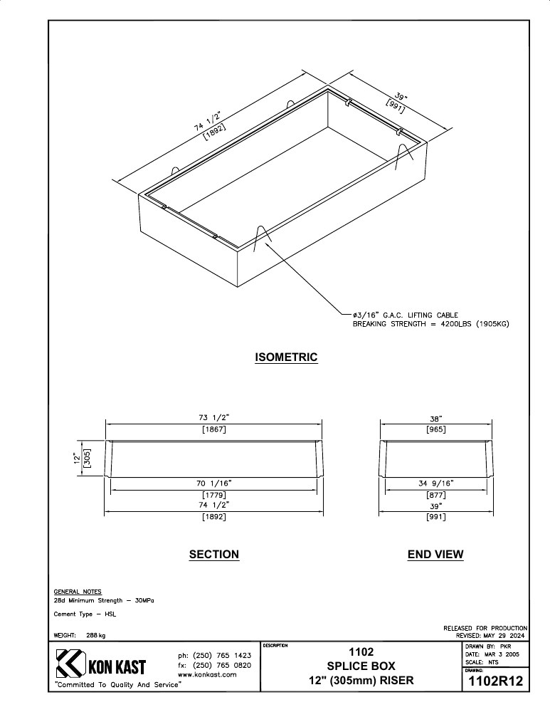 Technical drawing: Splice Box 300 (12") Riser