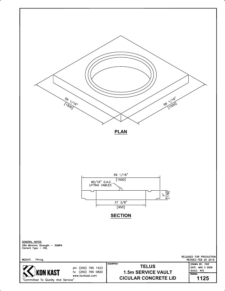 Technical drawing: Concrete Lid for 1.5M c/w Circular Opening