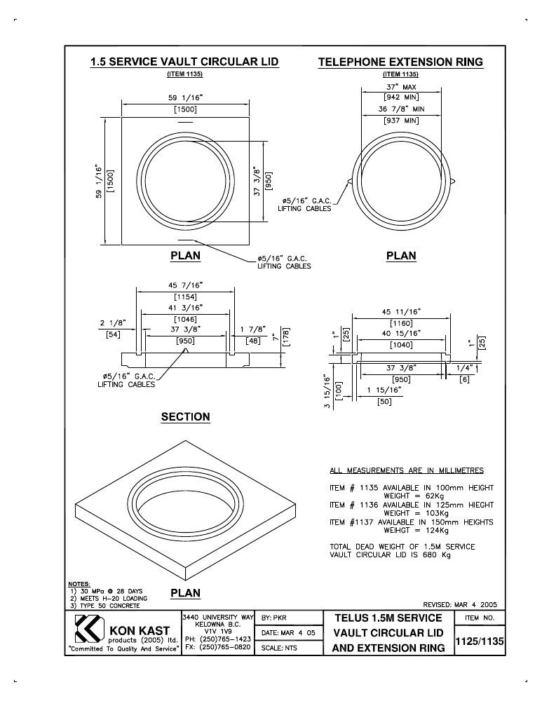Technical drawing: Concrete Lid & Extension Ring for 1.5M