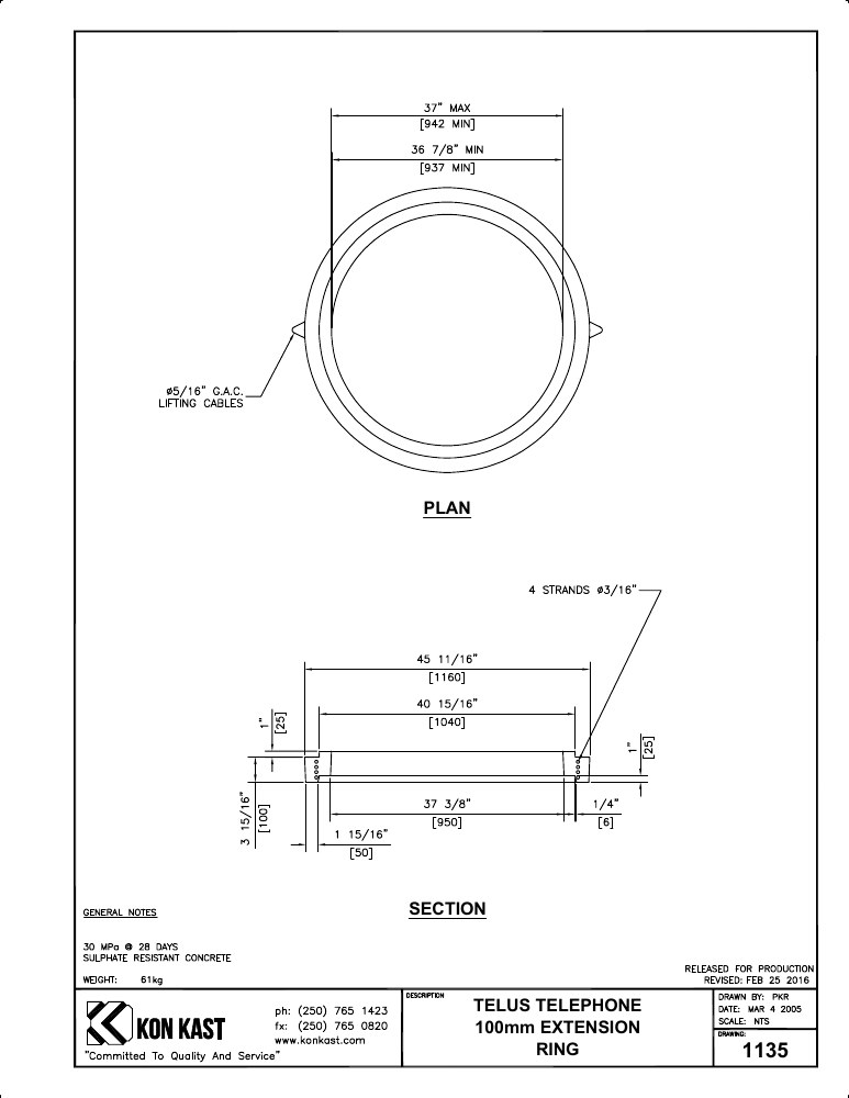 Technical drawing: 100 Extension Ring for Telus