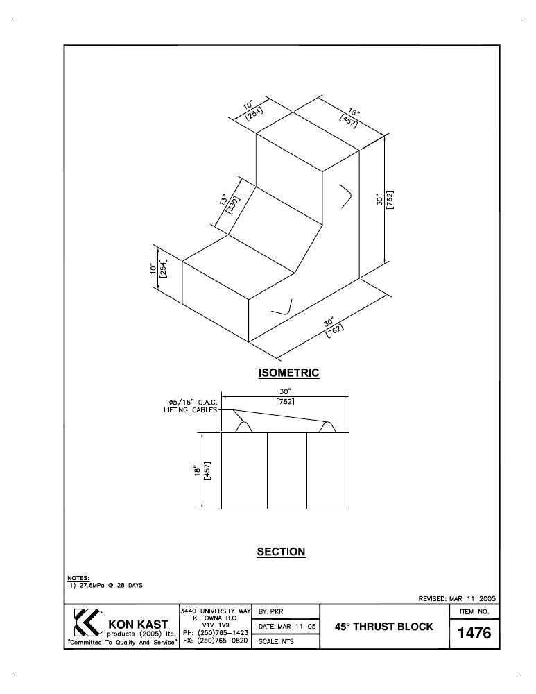 Technical drawing: 45 Degree Thrust Block