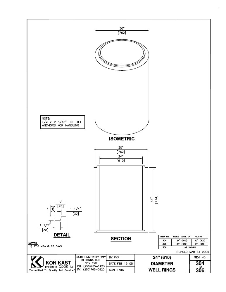 Technical drawing: 610 I.D. (24") Well Rings