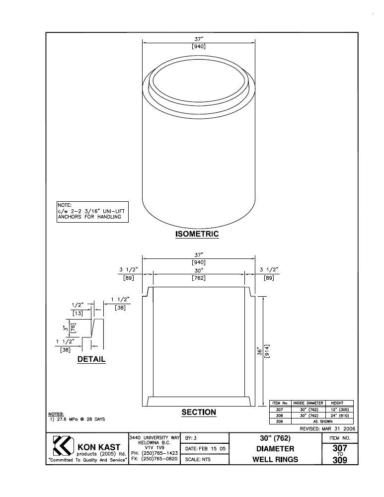Technical drawing: 762 I.D. (30") Well Rings