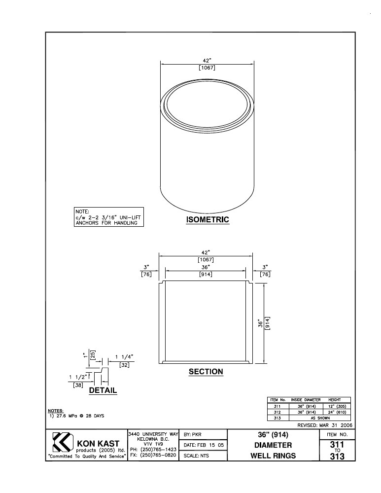 Technical drawing: 914 I.D. (36") Well Rings