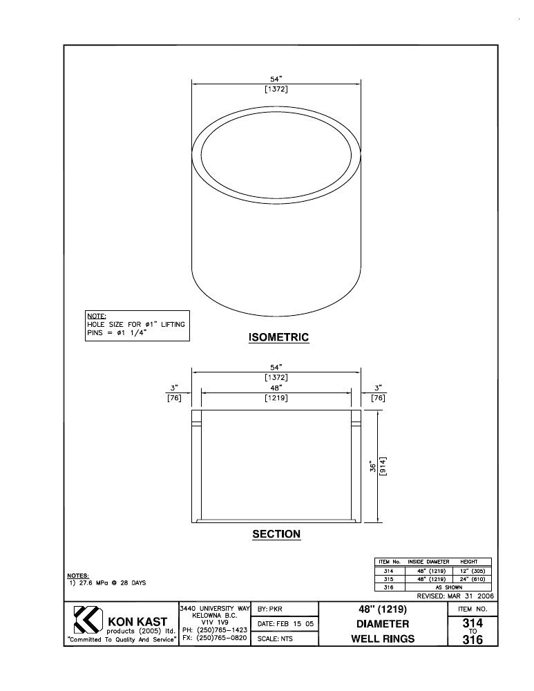 Technical drawing: 1220 I.D. (48") Well Rings