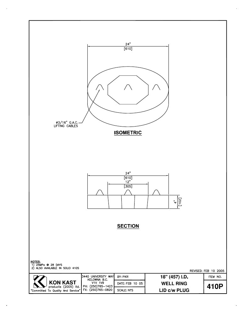 Technical drawing: 457 I.D. (18") Well Ring Lid c/w Plug