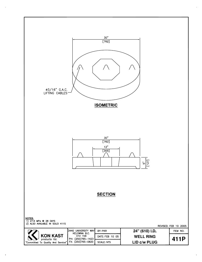 Technical drawing: 610 I.D. (24") Well Ring Lid c/w Plug