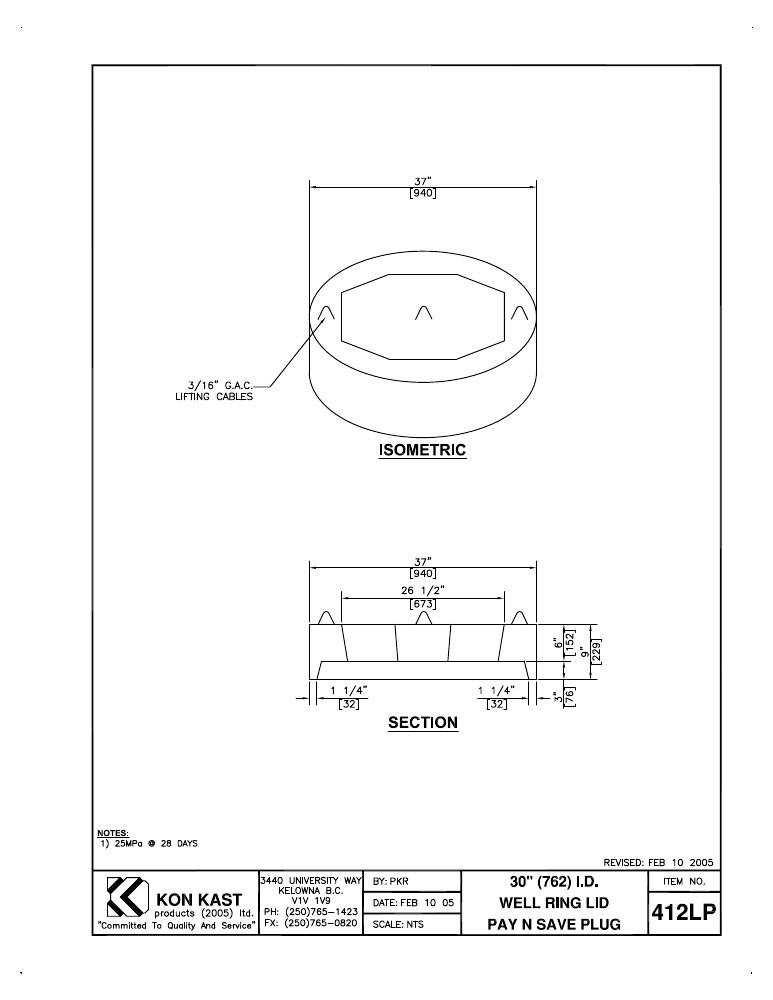 Technical drawing: 762 I.D. (30") Well Ring Lid c/w Large Plug