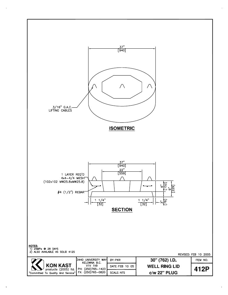 Technical drawing: 762 I.D. (30") Well Ring Lid c/w Plug