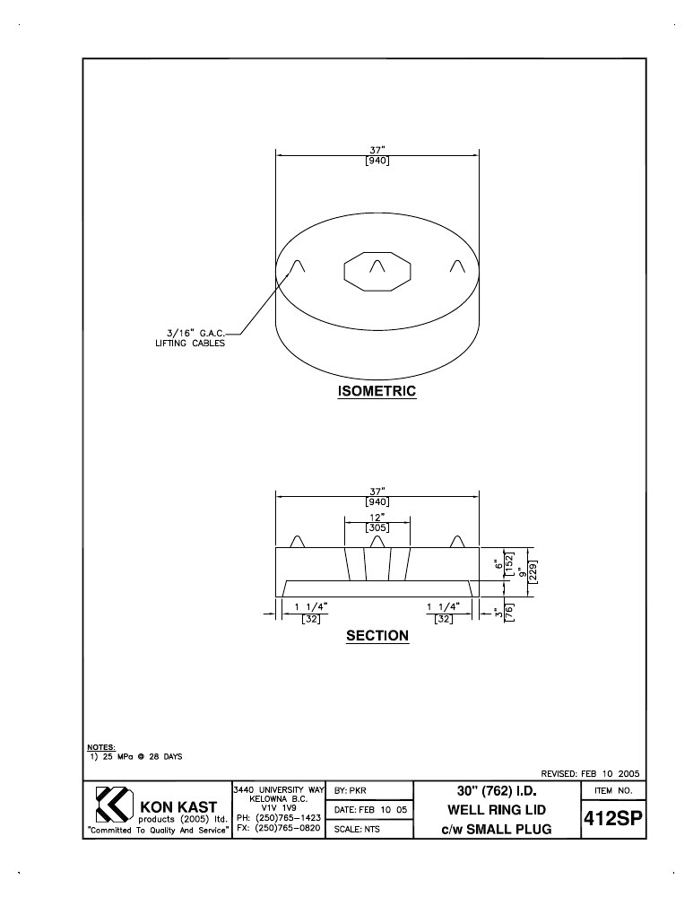 Technical drawing: 762 I.D. (30") Well Ring Lid c/w Small Plug