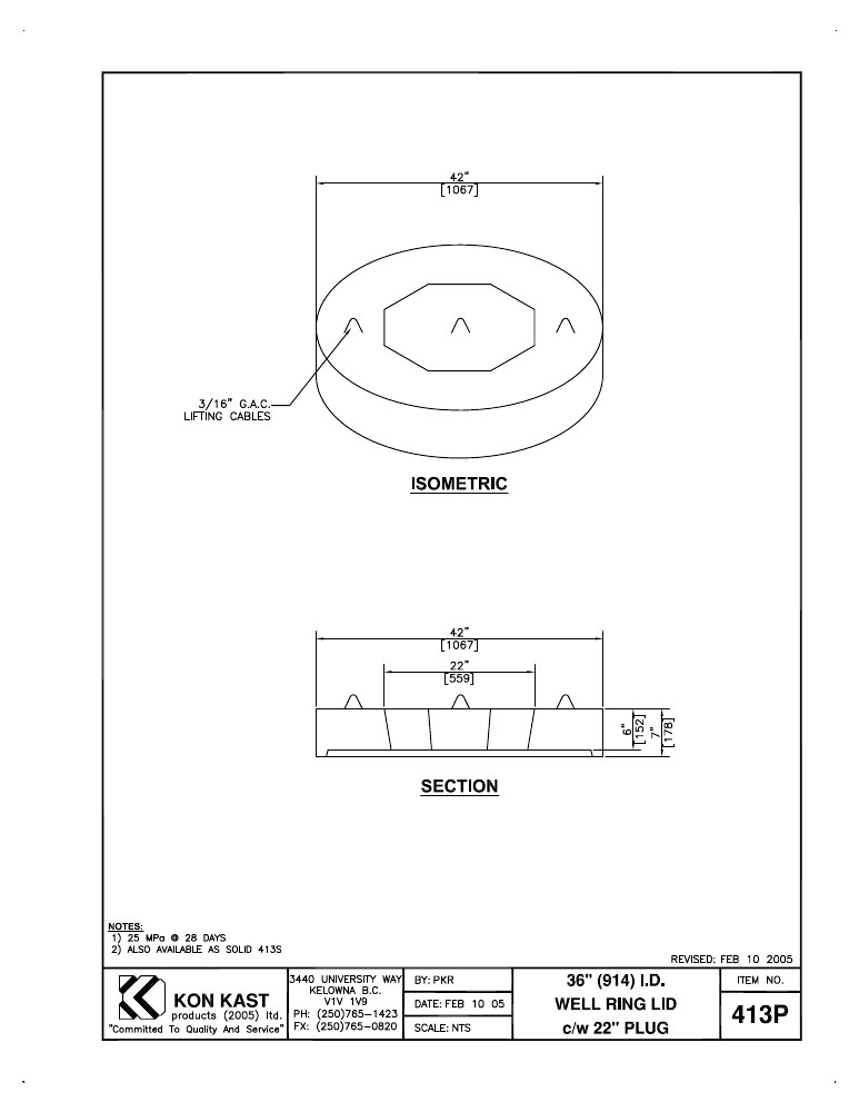 Technical drawing: 914 I.D. (36") Well Ring Lid c/w Plug